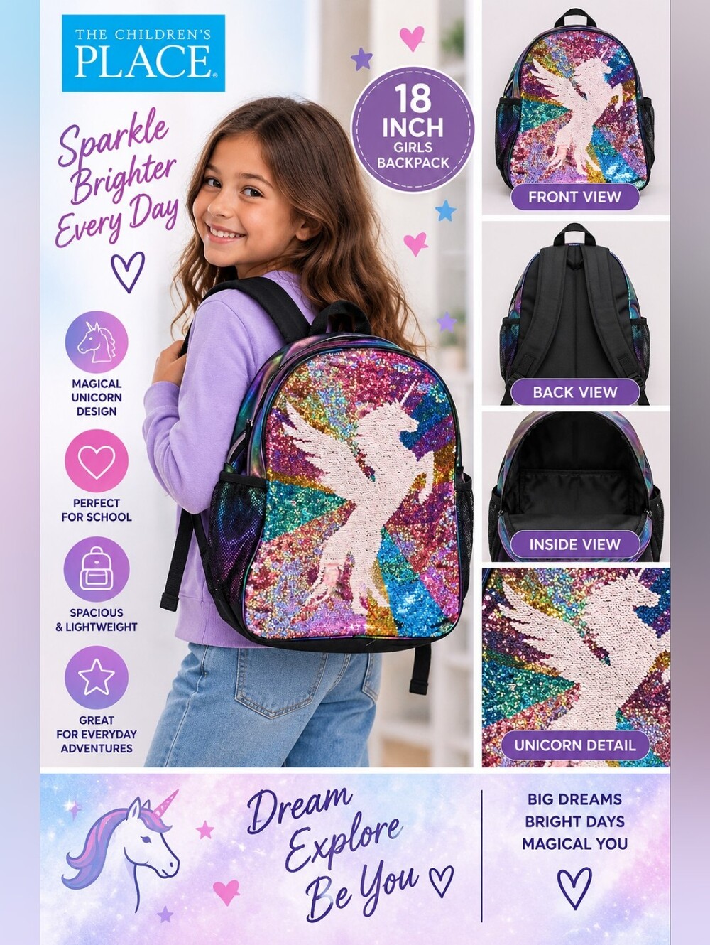 Children's Place girls 18 inch sparkle unicorn school bookbag #05